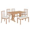 TOPMAX Farmhouse Classical 6-Piece Dining Table Set with Trestle Legs,Kitchen Table Set for 6 with 4 Upholstered Dining Chairs and Bench, Natural