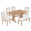 TOPMAX Farmhouse Classical 6-Piece Dining Table Set with Trestle Legs,Kitchen Table Set for 6 with 4 Upholstered Dining Chairs and Bench, Natural