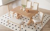 TOPMAX Farmhouse Classical 6-Piece Dining Table Set with Trestle Legs,Kitchen Table Set for 6 with 4 Upholstered Dining Chairs and Bench, Natural