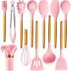 Silicone Kitchen Utensil Set, 11 Pieces Cooking Utensil with Wooden Handles, Utensil Holder for Nonstick Cookware, Spoon, Soup Ladle, Slotted Turner