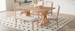 TOPMAX Farmhouse Classical 6-Piece Dining Table Set with Trestle Legs,Kitchen Table Set for 6 with 4 Upholstered Dining Chairs and Bench, Natural