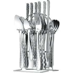 24 Pieces Silverware Set, Stainless Steel Flatware Set with Holder, Mirror Polished Utensils Set Service for 6, Durable Kitchen Eating Tableware Set