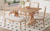 TOPMAX Farmhouse Classical 6-Piece Dining Table Set with Trestle Legs,Kitchen Table Set for 6 with 4 Upholstered Dining Chairs and Bench, Natural