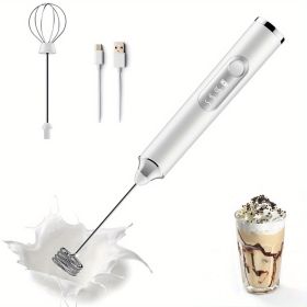 One Set Of Milk Frother Handheld USB-Rechargeable With 2pcs Stainless Whisk Heads; 3-Speed Adjustable Handheld Milk Frother For Cappuccinos; Hot Choco (Color: White)