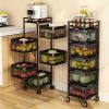 Rotating Kitchen Storage Shelf 5 Tier, Metal Fruit Vegetable Storage Basket Multi-Layer Vegetable Rack Storage Trolley on Wheels